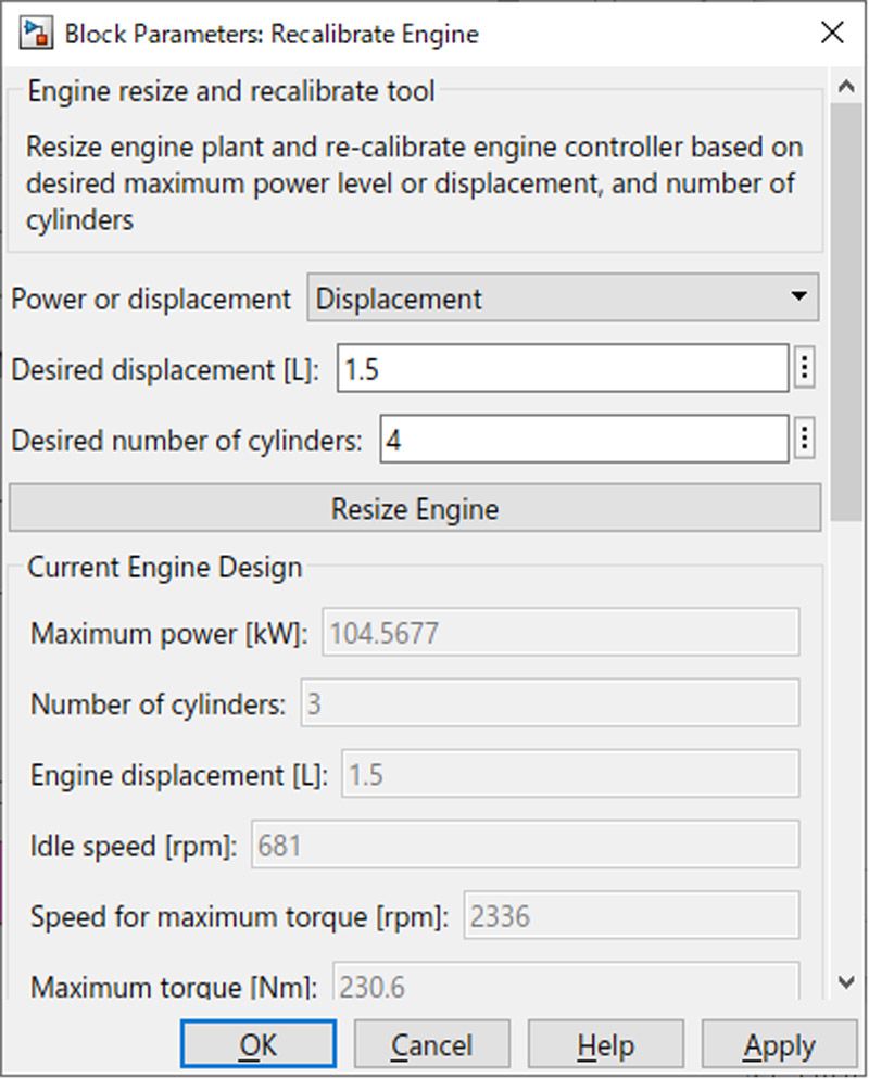 Powertrain Blockset发动机测功机参考应用程序内的发动机调整大小功能的用户界面。