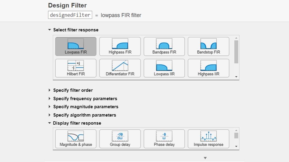Uso de una tarea de Live Editor para diseñar varios filtros，包括filtros paso bajo, paso alto y paso banda。