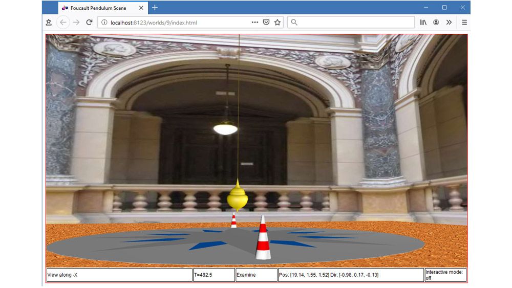 Animazione 3D di un pendolo di Foucault in un browser che支持HTML5。