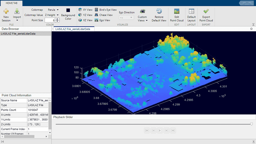 在lidar Viewer应用程序中缩小了激光雷达数据的视图。