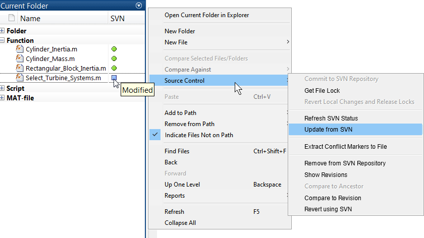 “当前文件夹”显示从菜单中选择的“源代码控制”选项，后面是下一个菜单中的“从S V N更新”。