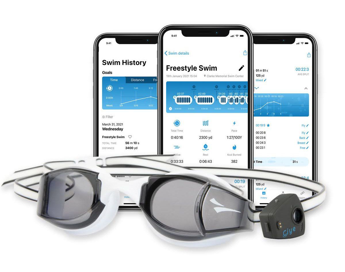 附有Ciye模块的智能眼镜。有三款手机可以显示Ciye应用程序的自由泳和游泳历史等数据。