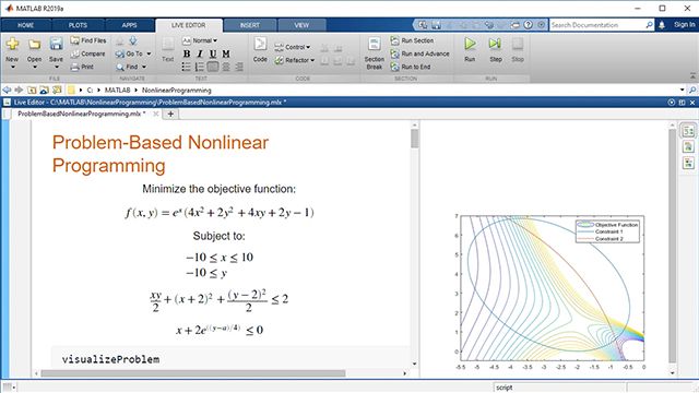 Express and solve a nonlinear optimization problem with the problem-based approach of Optimization Toolbox. Use nonlinear functions in both the objective function and constraints. Solve with an automatically selected solver.