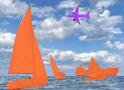 橙色像素填充每艘船的形状，紫色像素填充飞机的形状