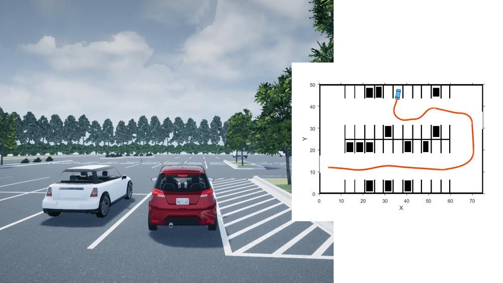 两辆车并排停放的停车场和自动泊车的可视化。