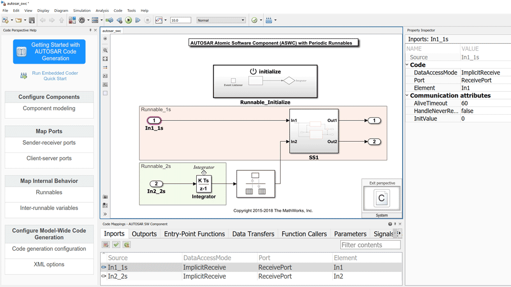 显示带有代码透视图、映射和属性检查器的AUTOSAR原子软件组件模型的屏幕截图。
