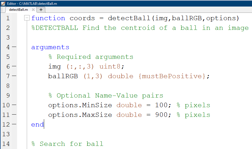 代码显示了搜索一个球的图像的函数和参数。