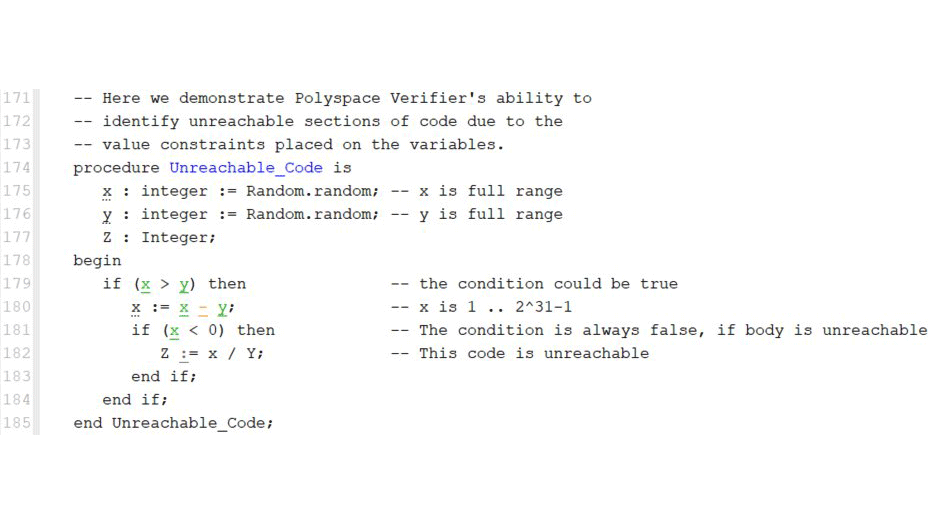 用于Ada的Polyspace客户端在源代码中以灰色显示不可访问的代码。