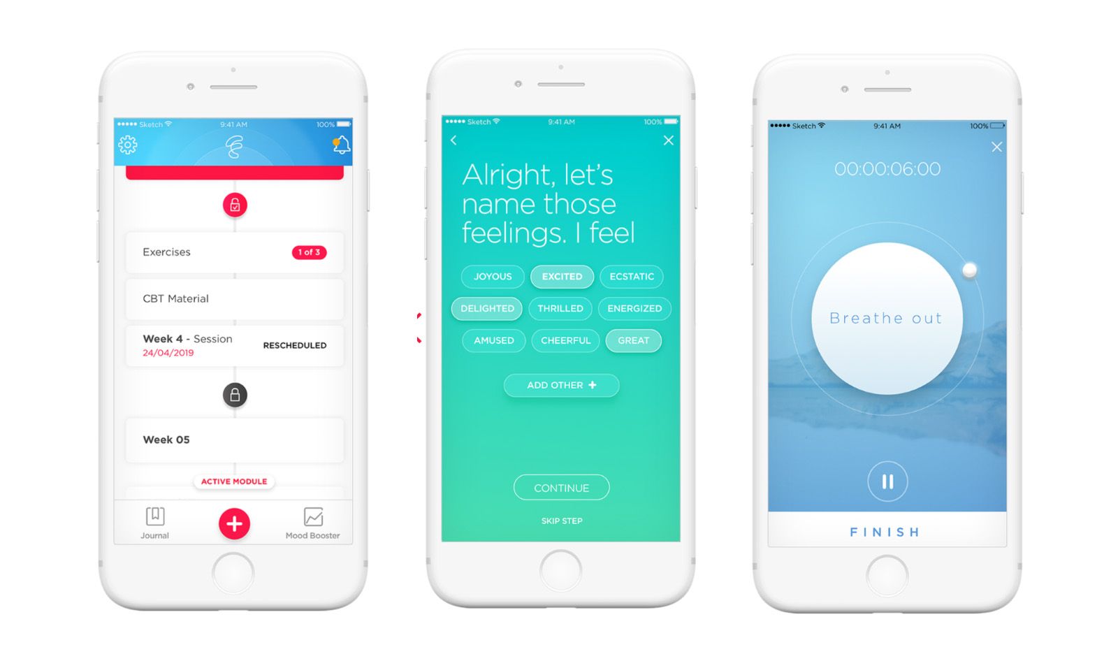 左图:Feel应用程序包括日志和治疗师推荐。Center:该应用程序会提示用户识别自己当前的情绪。右:该应用程序推荐一种呼吸练习。