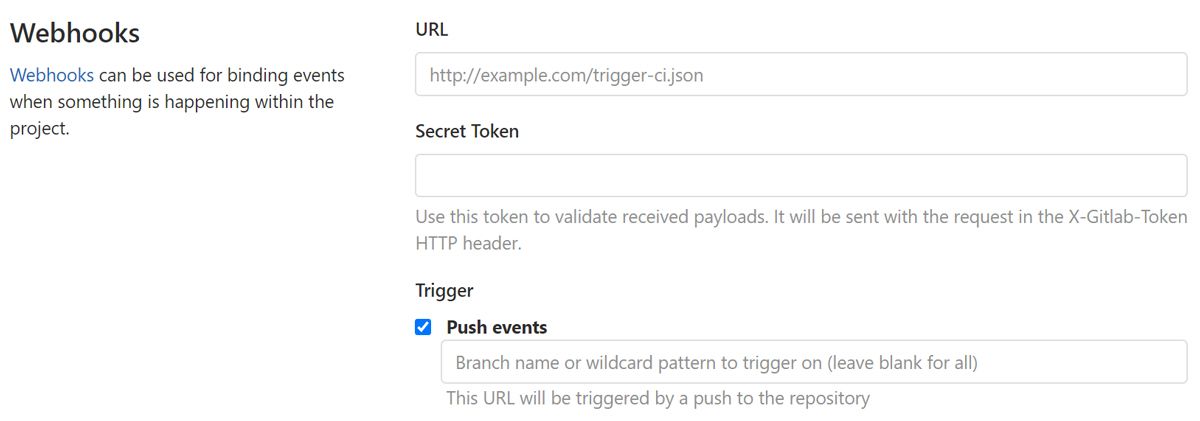 Webhooks弹出的截图，U R L表单已填写，Secret Token字段未填写，在“Trigger”下的“Push Events”已选中，并填写了Trigger表单。