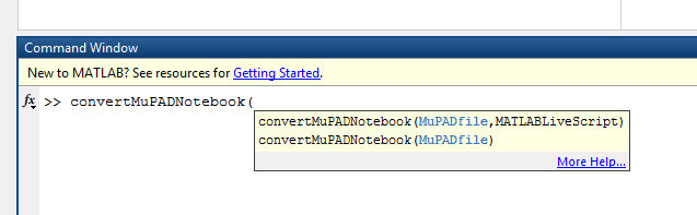 使用convertMuPADNotebook函数(下)将一个MuPADNotebook(上、左)转换为一个活动脚本(上、右)。