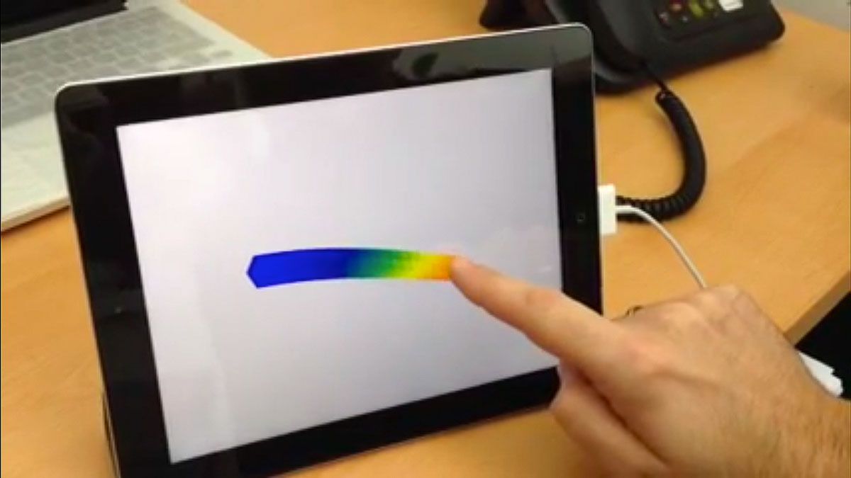 图3。交互式iPad应用程序模拟悬臂梁弯曲响应的负载施加在用户的手指接触屏幕的点。