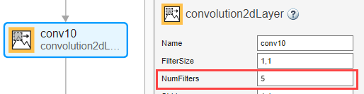 二维卷积层选择深陷网络设计师。Properties窗格显示FilterSize设置为1时,1和NumFilters设置为5。