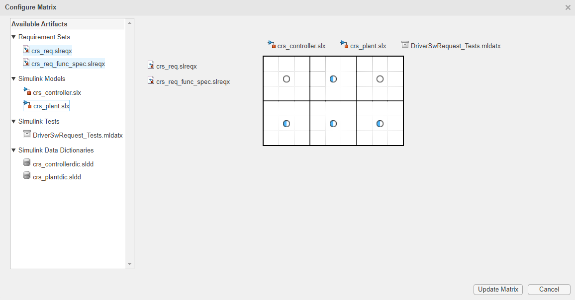 Configure Matrix窗口，其中包括左侧的Available Artifacts窗格和右侧窗格中的矩阵预览