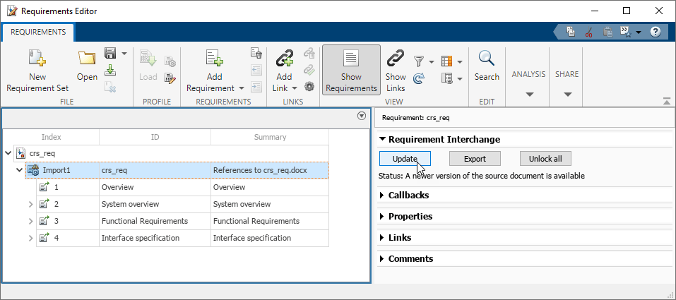 此图像显示了需求编辑器，引用的需求在其中被更新。鼠标光标指向Update按钮。