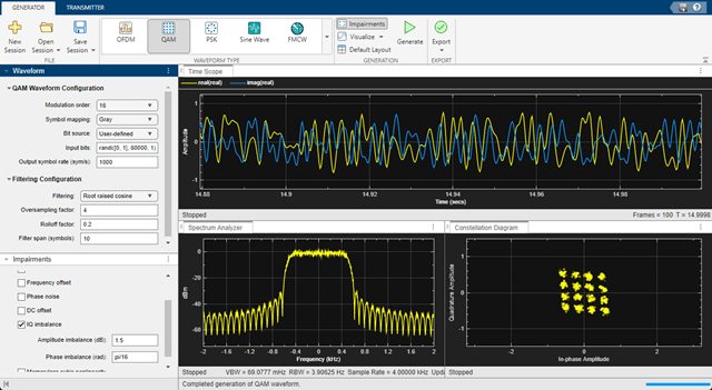 无线波形发生器应用程序显示的16QAM波形与IQ不平衡和RRC滤波。