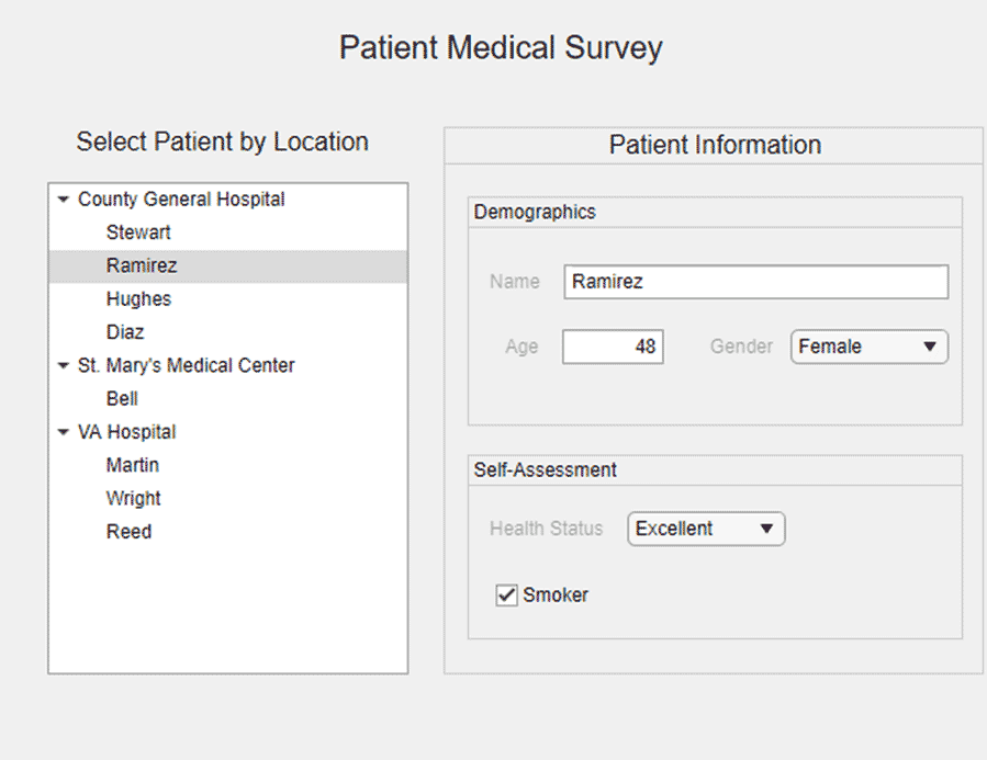 App de ejemplo en App Designer que emplea un árbol jerárquico para mostrar información sobre pacientes。
