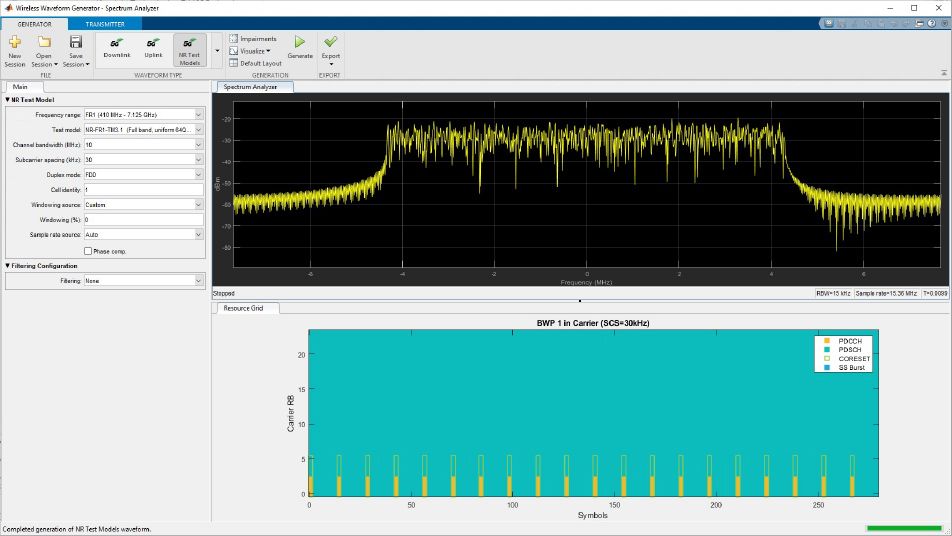 无线波形生成应用程序的截图，自定义和生成5G NR-TM波形。