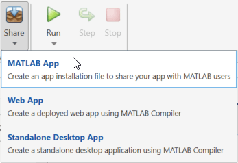 共享按钮下拉列表。“MATLAB应用程序”、“Web应用程序”和“独立桌面应用程序”。