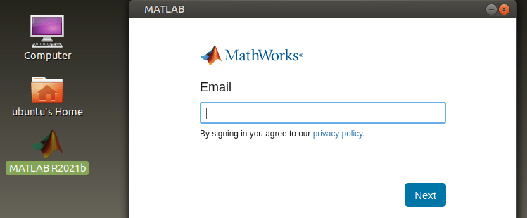 MATLAB打开与输入框MathWorks帐户电子邮件。