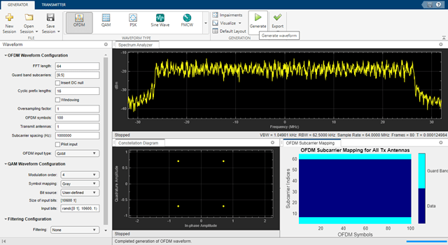 无线波形发生器app显示OFDM波形的默认配置。