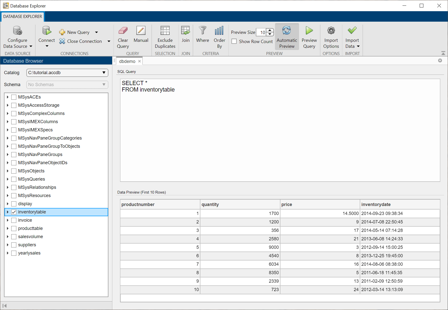 数据库浏览器窗格显示了在数据库资源管理器应用程序中所选择的表inventoryTable。SQL查询窗格显示了从inventoryTable中选择所有行的SQL SELECT查询，数据预览窗格显示了从查询返回的前10行数据。