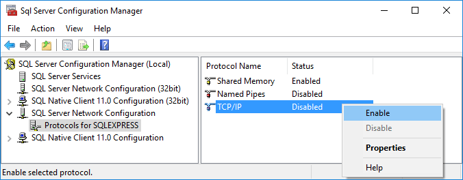“Sql Server配置管理器”对话框中选择TCP/IP协议，并在上下文菜单中选择“启用”选项