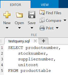 Editor选项卡显示了testquery。该sql文件包含sql SELECT查询，该查询从可生产数据库表中选择产品编号、股票编号、供应商编号和单位成本列。