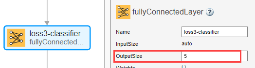 在深度网络设计器中选择完全连接层。属性窗格显示OutputSize设置为5。