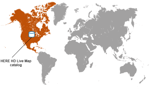 一张只有北美突出显示的世界地图。一个HERE高清现场地图目录覆盖在北美地区的顶部。