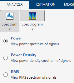 单击Spectrum和Spectrogram下面的下拉箭头，将显示功率、功率密度和RMS。