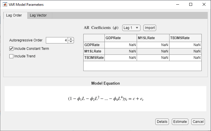 VAR模型参数对话框，指定包含常量向量的VAR(4)模型