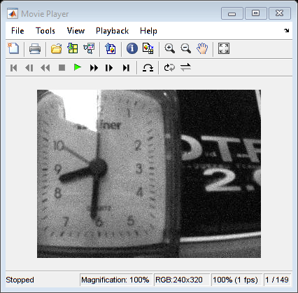 Figure Movie Player包含一个坐标轴对象和其他类型为uiflowcontainer、uimenu、uitoolbar的对象。axes对象包含一个image类型的对象。