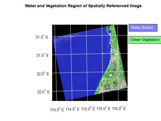 在空间参考多光谱图像中寻找水和植被区域