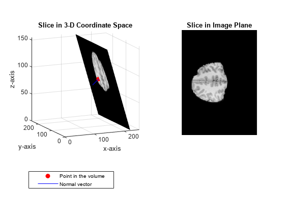 图中包含2个轴对象。在3-D坐标空间中标题为Slice的axis对象1包含2个类型为line的对象。这些物体代表体积中的点，法向量。在Image Plane中标题为Slice的Axes对象2包含一个Image类型的对象。