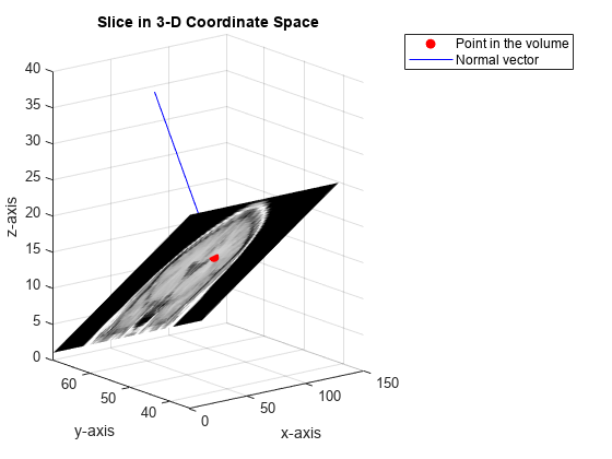 图中包含一个axes对象。在3-D坐标空间中标题为Slice的axis对象包含两个类型为line的对象。这些物体代表体积中的点，法向量。