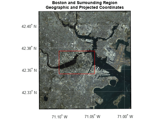 图中包含一个axes对象。标题为Boston和周边地区地理和投影坐标的axis对象包含12个类型为曲面、图像、直线和文本的对象。