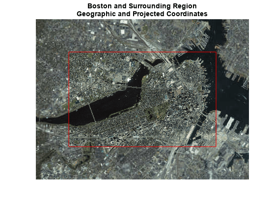 图中包含一个axes对象。标题为Boston和周边地区地理和投影坐标的axis对象包含11个类型为patch、surface、image、line、text的对象。