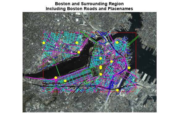 图中包含一个axes对象。标题为Boston和周边地区(包括Boston Roads和Placenames)的轴线对象包含2819个类型为线、补丁、表面、图像、文本的对象。