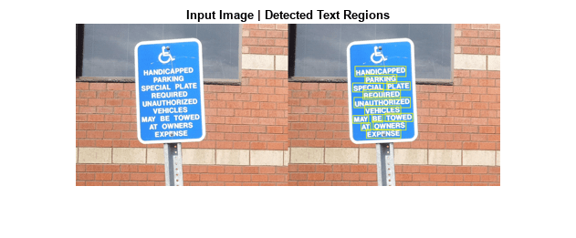 图中包含一个axes对象。标题为Input Image | Detected Text Regions的axes对象包含一个Image类型的对象。