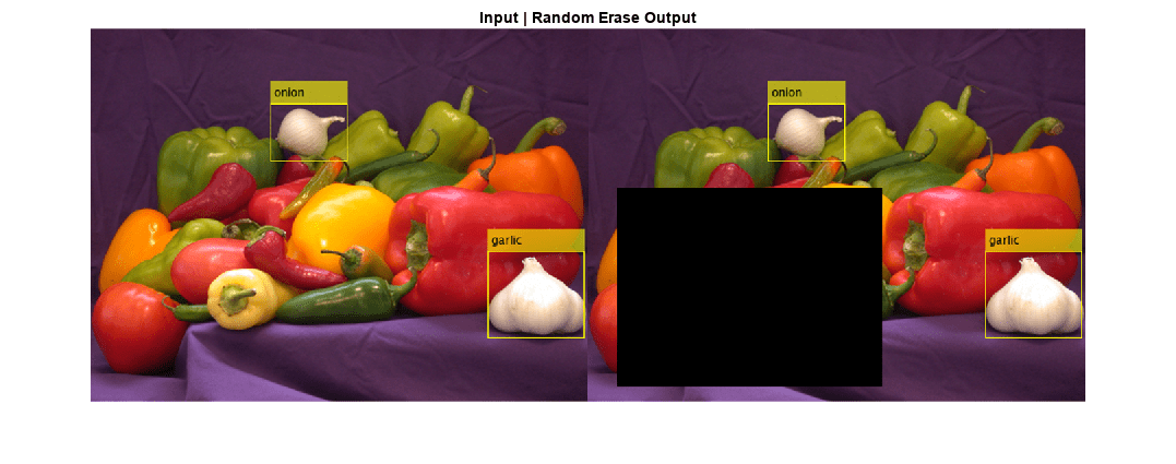 图中包含一个axes对象。标题为Input | Random Erase Output的axes对象包含一个类型为image的对象。gydF4y2Ba