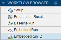 工作流浏览器的截图，在EmbeddedRun_2旁边显示一个绿色的复选标记。