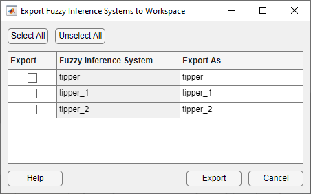 “导出模糊推理系统到工作区”对话框列出要导出的FIS设计。该表包含三列:左侧的Export带有用于选择设计的复选框，中间的Fuzzy Inference System带有设计名称，右侧的Export As带有与设计名称匹配的默认变量名。
