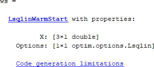 ws = LsqlinWarmStart属性X和选项和链接“代码生成限制”