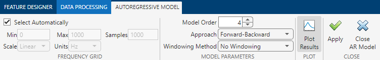 Autoregressive选项卡从左到右显示了四个部分，分别是频率网格的参数、模型参数、绘图结果选项以及应用和关闭AR模型按钮。