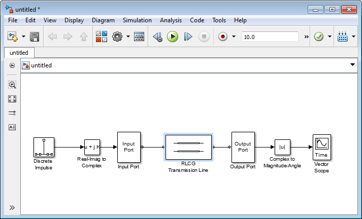 串联以下块:离散脉冲，Real-Imag到复数，输入端口，RLGC传输线，输出端口，复数到幅度角，矢量范围。