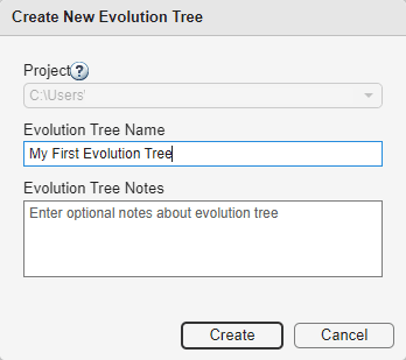 “创建新的进化树”对话框。