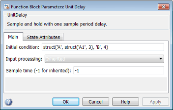 单元延迟块的“块参数”对话框，该块指定初始条件的结构