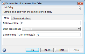 单元延迟块的“块参数”对话框，该块指定初始条件的MATLAB变量
