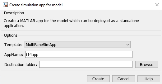 为模型对话框创建模拟应用程序。选项包括模板(MultiPaneSimApp被选中)，应用程序名称(文本为f14app)，以及带有浏览按钮的Destination文件夹。